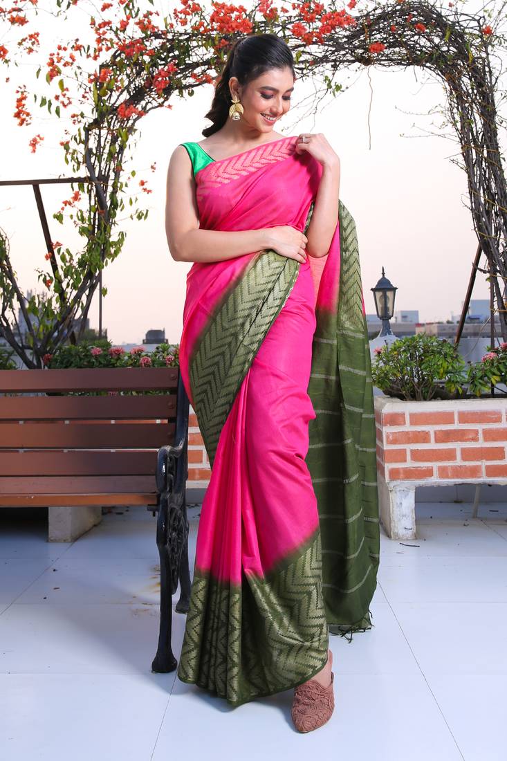 This is   Pink Blended Silk saree with geomatric design from Charukriti