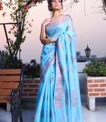This is   Sky Blue Blended Silk saree with naksha bordar from Charukriti