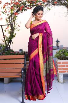This is   Magenta Blended Cotton saree from Charukriti