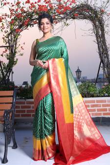 This is   Bottol Green Brocade Silk with zari weaving from Charukriti
