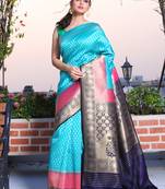 This is   Sky Blue Brocade Silk with zari weaving from Charukriti