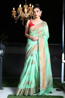 This is   Sea Green Blended Silk saree with naksha bordar from Charukriti