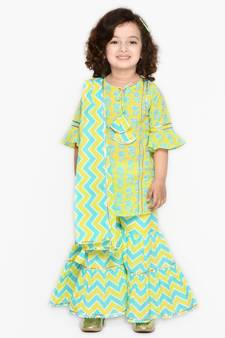 Pastel Green & Blue Sharara Kurta Handblocked Printed Cotton