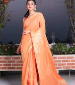 This is   Rust Blended Silk saree with Geomatric motiff in border from Charukriti