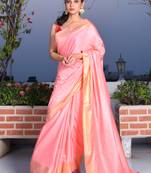 This is   Pink Blended Cotton saree from Charukriti