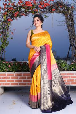 This is   Golden Yellow Brocade Silk with zari weaving from Charukriti 1