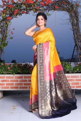 This is   Golden Yellow Brocade Silk with zari weaving from Charukriti 2