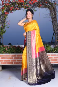 This is   Golden Yellow Brocade Silk with zari weaving from Charukriti