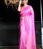 This is   Pink Brocade Silk with zari weaving from Charukriti