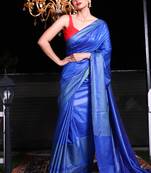 This is   Blue Blended Silk saree with Geomatric motiff in border from Charukriti