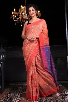 This is   Beige and Red Cotton textured design handwoven saree from Charukriti