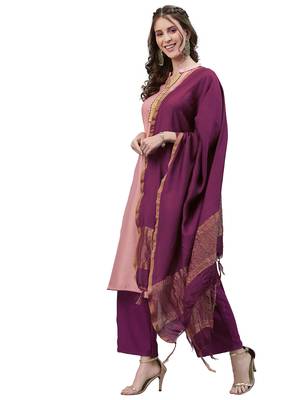 Pink Self Woven Silk Kurta Set 3