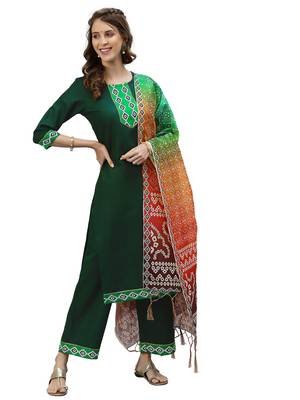 Bottle Green Digital Print Cotton Kurta Set 1