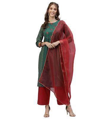 Dusty Green Foil Print With Embroidery Yoke Chinnon Kurta Set 1