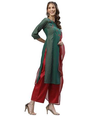 Dusty Green Foil Print With Embroidery Yoke Chinnon Kurta Set 2