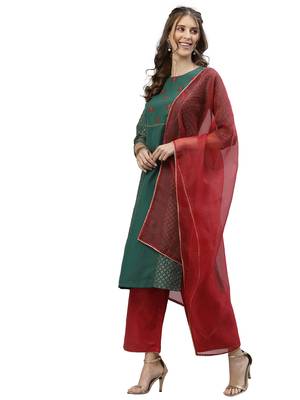 Dusty Green Foil Print With Embroidery Yoke Chinnon Kurta Set 3
