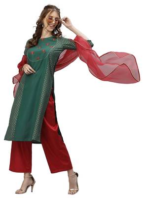 Dusty Green Foil Print With Embroidery Yoke Chinnon Kurta Set 5