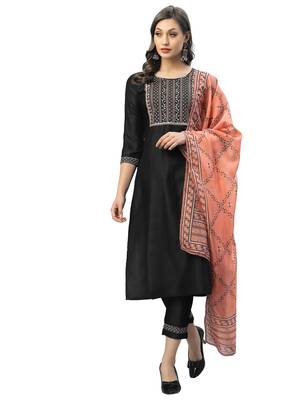Black Embroidery Polyester blend Kurta Set 1
