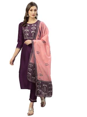 Purple Embroidery Polyester blend Kurta Set 1