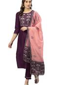 Purple Embroidery Polyester blend Kurta Set