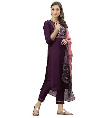 Purple Embroidery Polyester blend Kurta Set 2