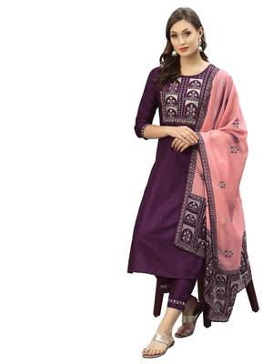 Purple Embroidery Polyester blend Kurta Set 5