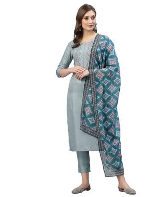 Grey Embroidery Polyester blend Kurta Set 1