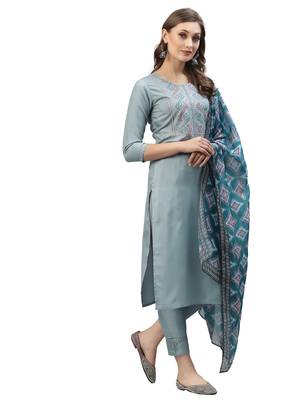 Grey Embroidery Polyester blend Kurta Set 2