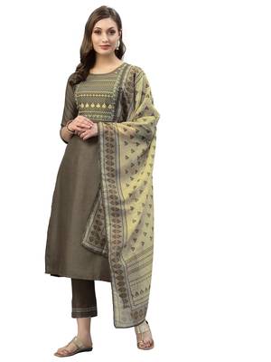 Coffee Brown Embroidery Polyester blend Kurta Set 1