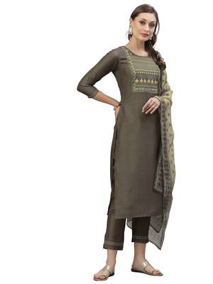 Coffee Brown Embroidery Polyester blend Kurta Set 2