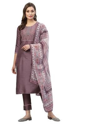 Wine(Light) Embroidery Polyester blend Kurta Set 1