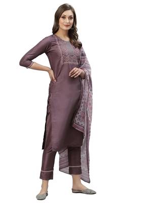 Wine(Light) Embroidery Polyester blend Kurta Set 2