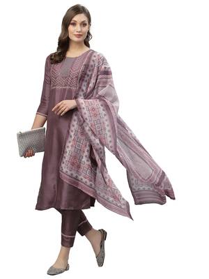 Wine(Light) Embroidery Polyester blend Kurta Set 5