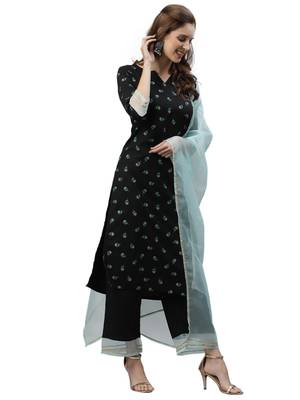 Black Foil Printed Poly Rayon Kurta Set 2