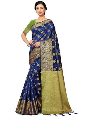 Navy Blue Woven Silk Blend Saree With Blouse 1