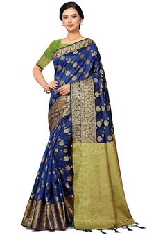 Navy Blue Woven Silk Blend Saree With Blouse