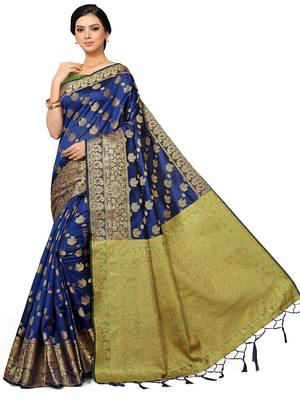 Navy Blue Woven Silk Blend Saree With Blouse 2
