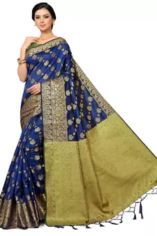 Navy Blue Woven Silk Blend Saree With Blouse