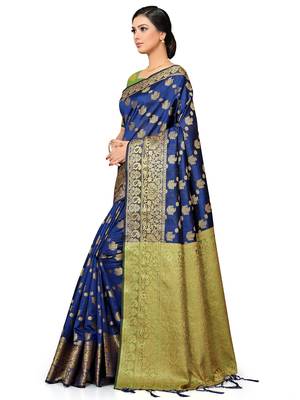 Navy Blue Woven Silk Blend Saree With Blouse 3