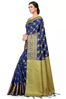 Navy Blue Woven Silk Blend Saree With Blouse
