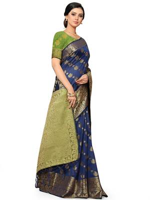 Navy Blue Woven Silk Blend Saree With Blouse 4