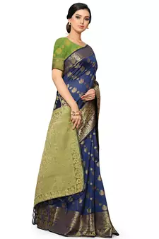 Navy Blue Woven Silk Blend Saree With Blouse