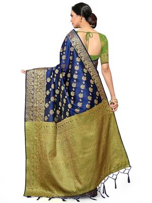 Navy Blue Woven Silk Blend Saree With Blouse 5