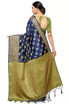 Navy Blue Woven Silk Blend Saree With Blouse