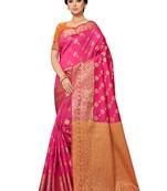 Hot Pink Woven Silk Blend Saree With Blouse
