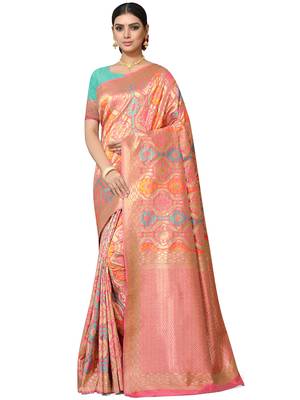 Peach Woven Silk Blend Saree With Blouse 1