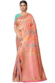 Peach Woven Silk Blend Saree With Blouse