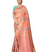 Peach Woven Silk Blend Saree With Blouse