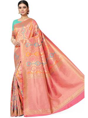 Peach Woven Silk Blend Saree With Blouse 2
