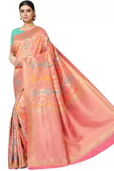 Peach Woven Silk Blend Saree With Blouse